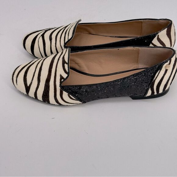 IMAN Zebra Cow Hair Black Glitter Leather Flats 9M - Picture 1 of 6